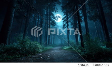 Moonlit Path through a Mysterious Forest 130064885