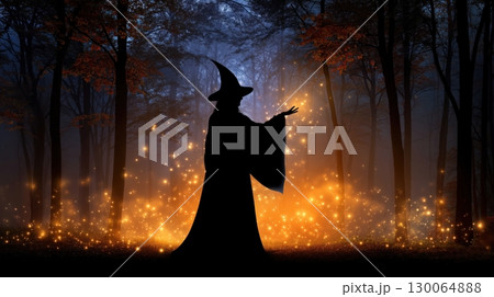 Mysterious Witch Conjuring Magic in a Dark Forest 130064888