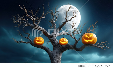 Spooky Halloween Tree with Glowing Jack-o'-Lanterns and Full Moon 130064897