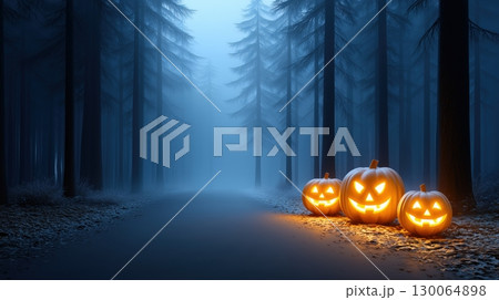 Spooky Jack-o'-lanterns Illuminate a Misty Blue Forest Path 130064898