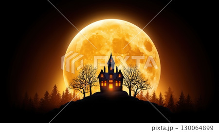 Spooky Mansion Silhouetted by a Giant Orange Full Moon on Halloween Night 130064899