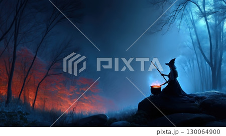 Witch Brewing Potion in a Mystical, Contrasting Forest with Glowing Lights 130064900