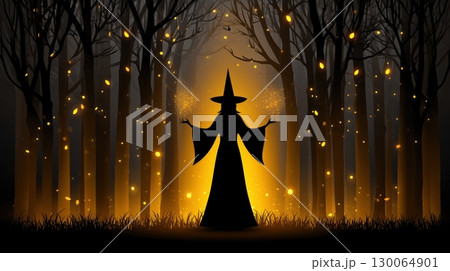Witch Casting Golden Spell in Enchanted Forest 130064901