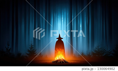 Witch's Bonfire in a Mystical Blue Forest 130064902