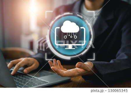 Explore the future of technology with this image showcasing edge computing and cloud integration in a sleek, modern workspace. 130065345