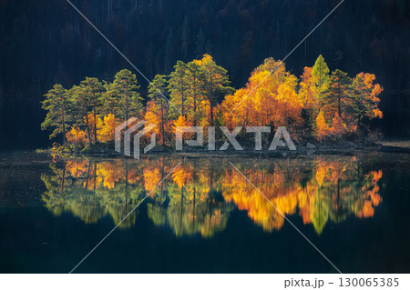 Amazing autumn  landscape of islands with pine-trees in the middle of Eibsee lake. 130065385