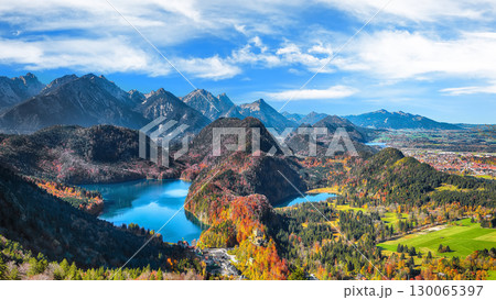 Amazing Top view panorama of Alpsee and Schwangau village in autumn. 130065397