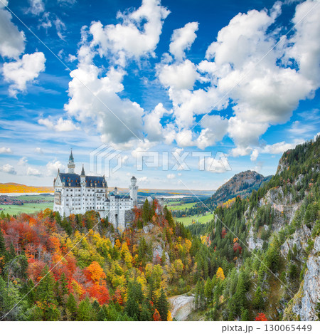 Astonishing view of famous Neuschwanstein Castle in autumn. 130065449