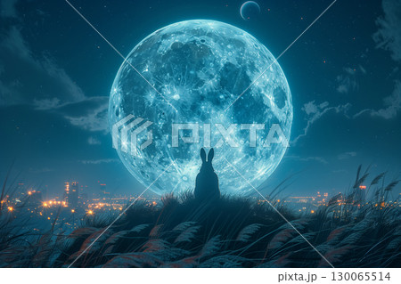 満月を見つめるうさぎ耳の少女の幻想的な風景 130065514