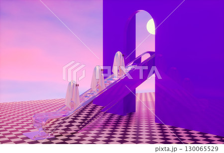 Surreal Halloween scene with cute Ghost in Dreamlike Architecture. 3d rendering. Surreal Halloween scene with cute Ghost in Dreamlike Architecture. 3d rendering. 130065529
