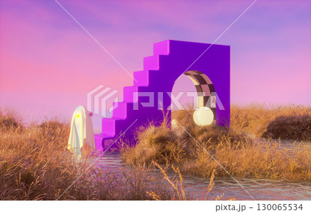 Surreal Halloween scene with cute Ghost in dry grass field landscape. 3d rendering. 130065534