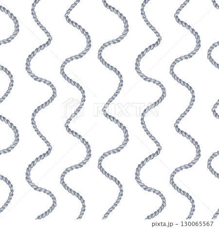 Seamless nautical pattern of wavy gray rope. Watercolor, marker illustration. Hand drawn isolated art. Jute cord for fabric, sailing, textile and nautical themes, rustic decor, background 130065567