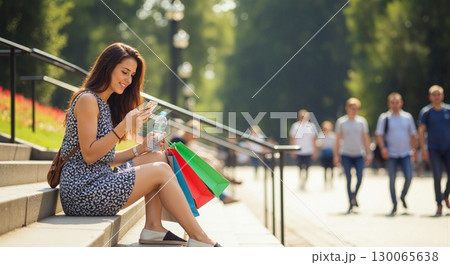 Stylish brunette relaxing with smartphone after successful shopping spree in sunny urban plaza 130065638