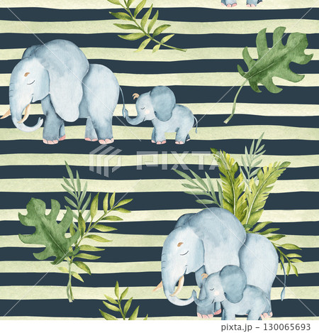 Cute elephant baby and adult Watercolor seamless pattern with Tropical leaves on dark blue background with green stripes. Safari Animals hand drawn illustrations for kid textile prints, wallpaper and Cute elephant baby and adult Watercolor seamless pattern with Tropical leaves on dark blue background with green stripes. Safari Animals hand drawn illustrations for kid textile prints, wallpaper and 130065693