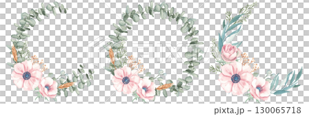 Set of Anemone and Eucalyptus branches wreaths. Watercolor Rustic greenery. Hand drawn botanical illustration isolated on white background. For stationery, invitations, save the date, wedding or 130065718
