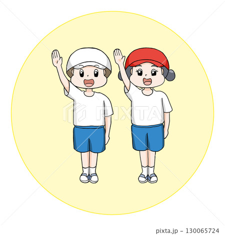 運動会で選手宣誓をする男の子と女の子 130065724