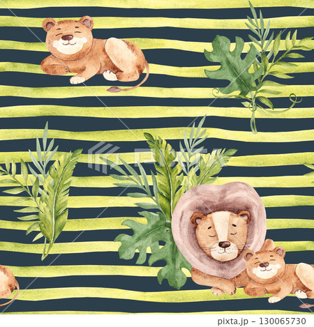 Watercolor seamless pattern with cute lion baby and adult and Tropical leaves on green striped dark blue background. Safari Animals hand drawn illustrations for kid textile prints, wallpaper and 130065730