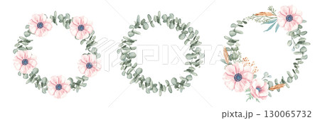 Watercolor Anemone and Eucalyptus branches wreaths set. Rustic greenery. Hand drawn botanical illustration isolated on white background. For stationery, invitations, save the date, wedding or greeting Watercolor Anemone and Eucalyptus branches wreaths set. Rustic greenery. Hand drawn botanical illustration isolated on white background. For stationery, invitations, save the date, wedding or greeting 130065732
