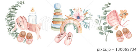Baby Girl cute compositions. Pink Booties, children Toys and accessories with eucalyptus branches. Watercolor hand drawn kid illustration in eco style. For baby shower, Its a girl or gender reveal 130065734