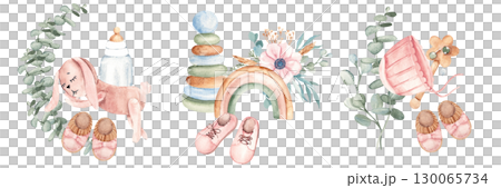 Baby Girl cute compositions. Pink Booties, children Toys and accessories with eucalyptus branches. Watercolor hand drawn kid illustration in eco style. For baby shower, Its a girl or gender reveal 130065734