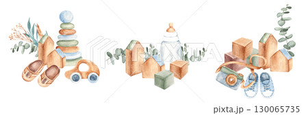 Baby Boy cute compositions. Booties, wooden Toys and accessories with eucalyptus branches. Watercolor hand drawn kid illustration in eco style. For baby shower, Its a boy or gender reveal party. 130065735