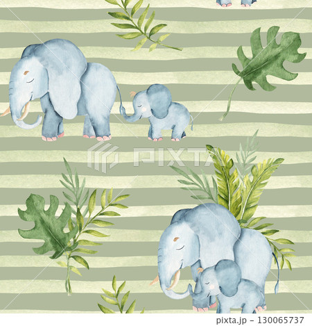 Cute elephant baby and adult Watercolor seamless pattern with Tropical leaves on a green background with stripes. Safari Animals hand drawn illustrations for kid textile prints, wallpaper and Cute elephant baby and adult Watercolor seamless pattern with Tropical leaves on a green background with stripes. Safari Animals hand drawn illustrations for kid textile prints, wallpaper and 130065737