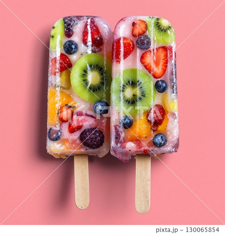 Frozen fruit popsicles bursting with fresh berries and kiwi on vibrant coral background Frozen fruit popsicles bursting with fresh berries and kiwi on vibrant coral background 130065854
