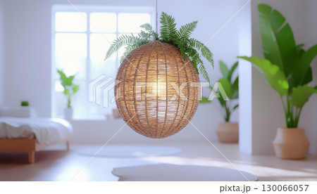 Woven Rattan Pendant Light Glowing Warmly in Bright Scandinavian Living Space 130066057