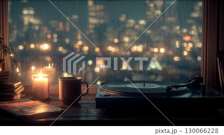 雨の夜の窓辺のレコードプレーヤーとキャンドル 130066228