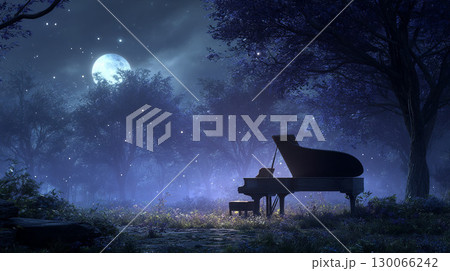月光の森で静かに佇むグランドピアノ 130066242