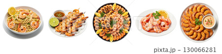 Isolated dishes with shrimp: pasta, skewers and deep-fried. Ideal for menu design, cooking websites and advertising. Isolated dishes with shrimp: pasta, skewers and deep-fried. Ideal for menu design, cooking websites and advertising. 130066281