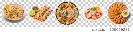 Isolated dishes with shrimp: pasta, skewers and deep-fried. Ideal for menu design, cooking websites and advertising. Isolated dishes with shrimp: pasta, skewers and deep-fried. Ideal for menu design, cooking websites and advertising. 130066281
