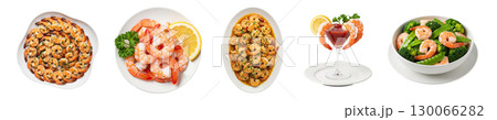 Isolated dishes with shrimp: from fried to a cocktail with vegetables. Ideal for restaurant menus, food blogs and advertising. 130066282