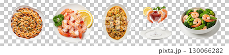 Isolated dishes with shrimp: from fried to a cocktail with vegetables. Ideal for restaurant menus, food blogs and advertising. 130066282