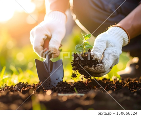 地中に根を張る草を一本一本抜く作業 130066324