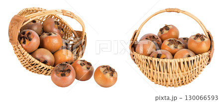 Brown fresh medlars in a wicker basket isolated on white background. Mespilus germanica close-up 130066593