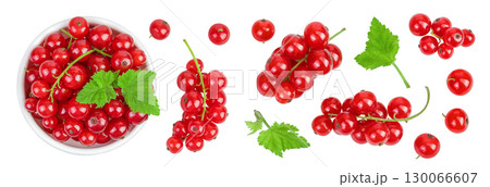 Red currant berries in a ceramic bowl with leaf isolated on white background. Top view. Flat lay Red currant berries in a ceramic bowl with leaf isolated on white background. Top view. Flat lay 130066607