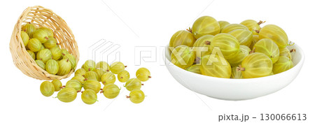 Green gooseberry in a wicker basket and ceramic bowl isolated on white background with full depth of field. Green gooseberry in a wicker basket and ceramic bowl isolated on white background with full depth of field. 130066613