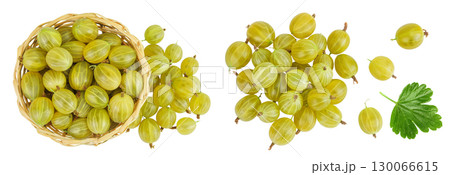Green gooseberry in a wicker basket isolated on white background. Top view. Flat lay. 130066615