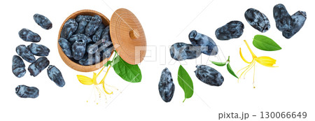 Fresh honeysuckle blue berry in wooden bowl isolated on white background with full depth of field. Top view. Flat lay Fresh honeysuckle blue berry in wooden bowl isolated on white background with full depth of field. Top view. Flat lay 130066649
