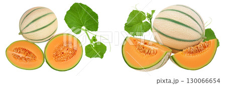 Cantaloupe melon isolated on white background with full depth of field. Top view. Flat lay Cantaloupe melon isolated on white background with full depth of field. Top view. Flat lay 130066654