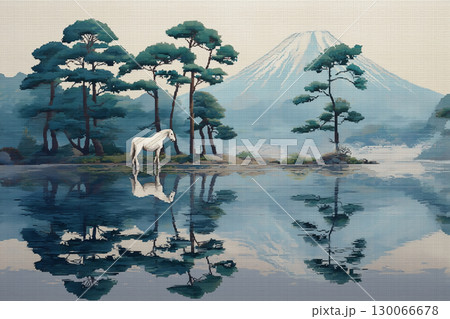 湖面に映る富士山と白馬の幻想的な和風風景 130066678