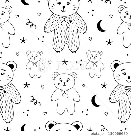 Cute kawaii bears, black and white seamless pattern, print in scandinavian style 130066689