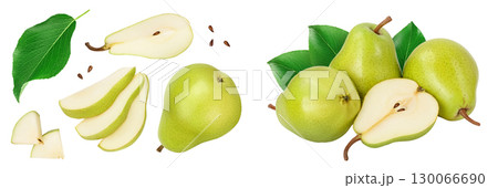 Green pear fruit with slices isolated on white background . Top view. Flat lay 130066690