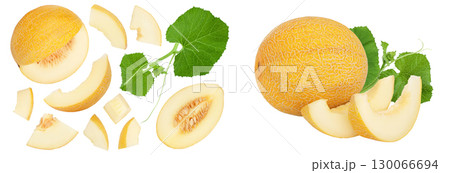 Melon half isolated on white background . Top view. Flat lay Melon half isolated on white background . Top view. Flat lay 130066694