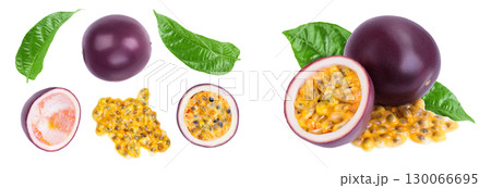 passion fruits and half isolated on white background. maracuya. Top view. Flat lay passion fruits and half isolated on white background. maracuya. Top view. Flat lay 130066695