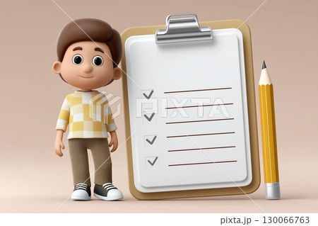 A 3D illustration of a cartoon character in a checkered shirt standing next to a clipboard 130066763