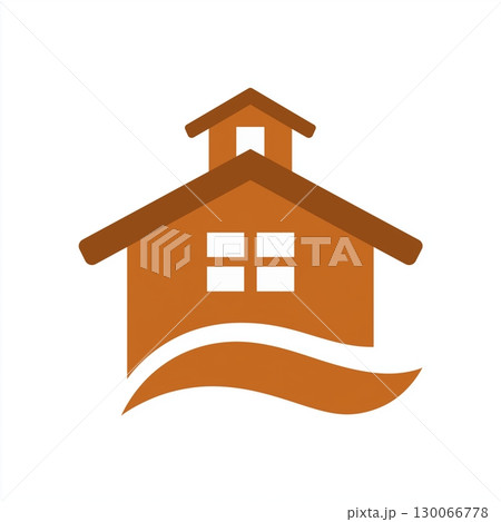 Minimalistic illustration of a brown house with a wavy design element, symbolizing comfort 130066778