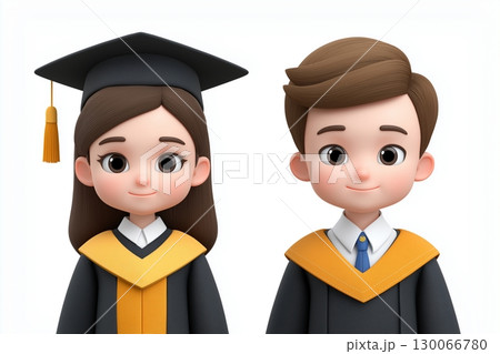 3D illustration of a male and female graduate wearing academic gowns and caps with yellow accents. 130066780