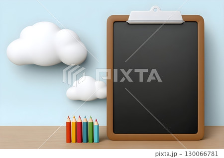 Minimalist 3D illustration of a clipboard next to colorful pencils and fluffy clouds. 130066781